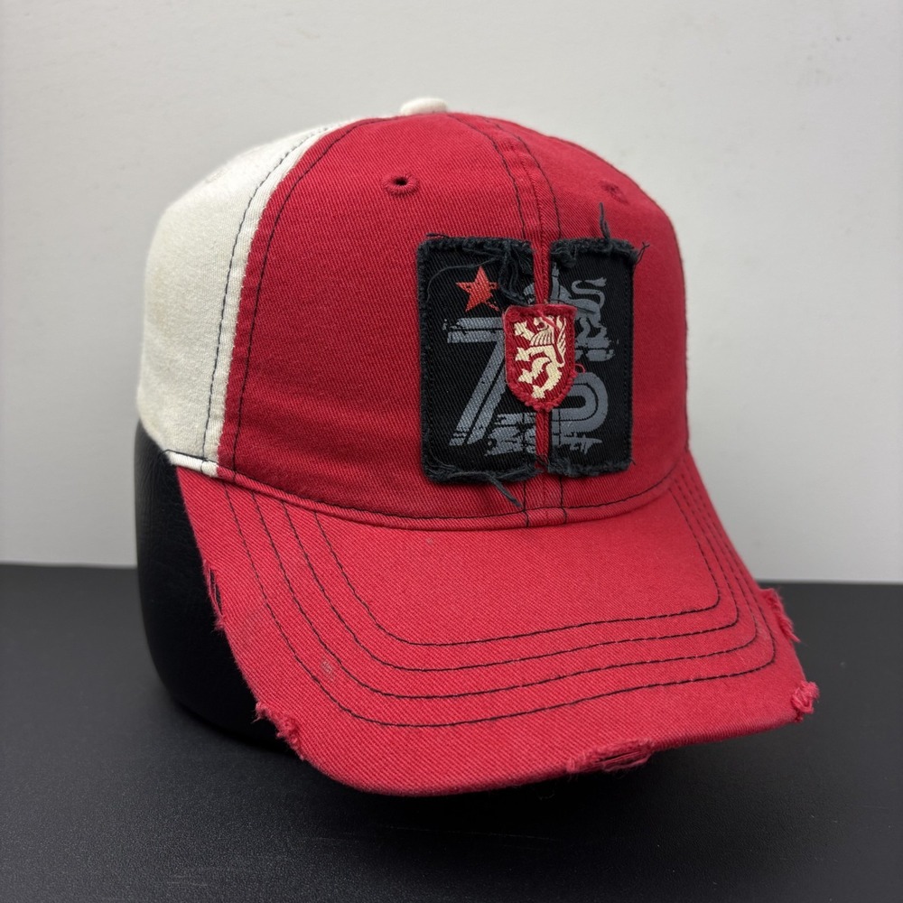 Vintage Y2K Distressed Red White Patch 72 Lion Crest Strapback Hat Frayed Cap